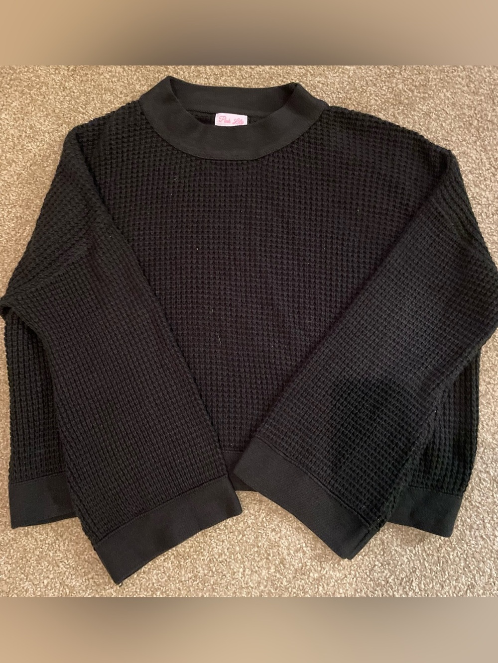 Pink Lily Black Waffle Crewneck Sweater with Wide Sleeves